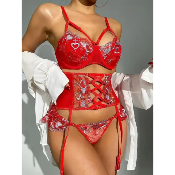 LENJERIE SEXY, 3 PIESE, SUTIEN, CHILOT TANGA, CORSET PORTJARTIER ROSU