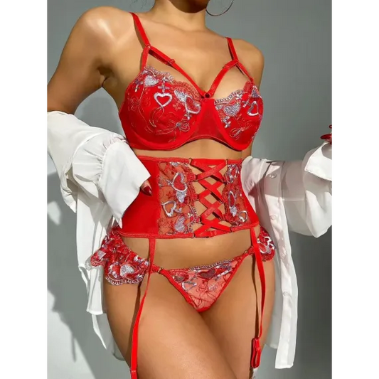 LENJERIE SEXY, 3 PIESE, SUTIEN, CHILOT TANGA, CORSET PORTJARTIER ROSU