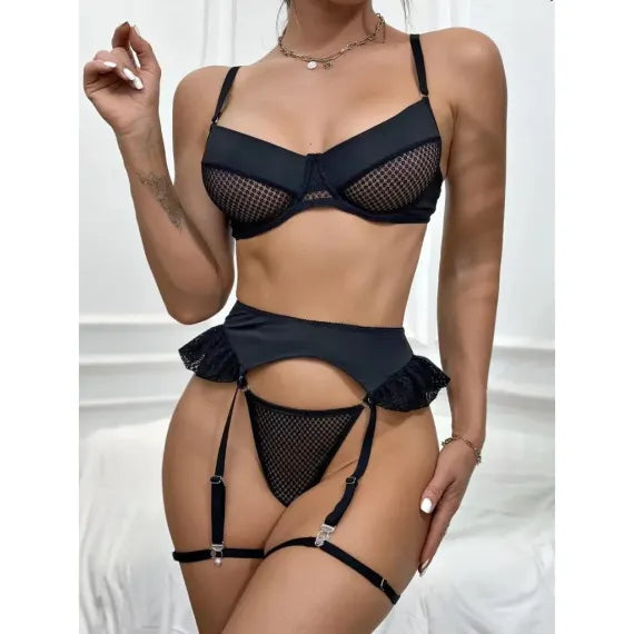 SET LENJERIE INTIMA DIN PLASA NEAGRA CU JARTIERE